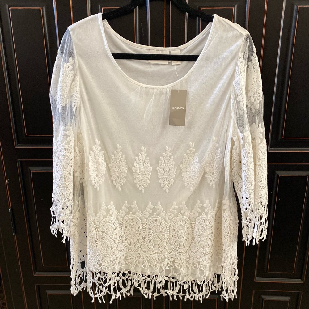 Chicos Embroidered Mesh Nylon 3/4 Sleeve Blouse Women’s 1 White Crochet NEW